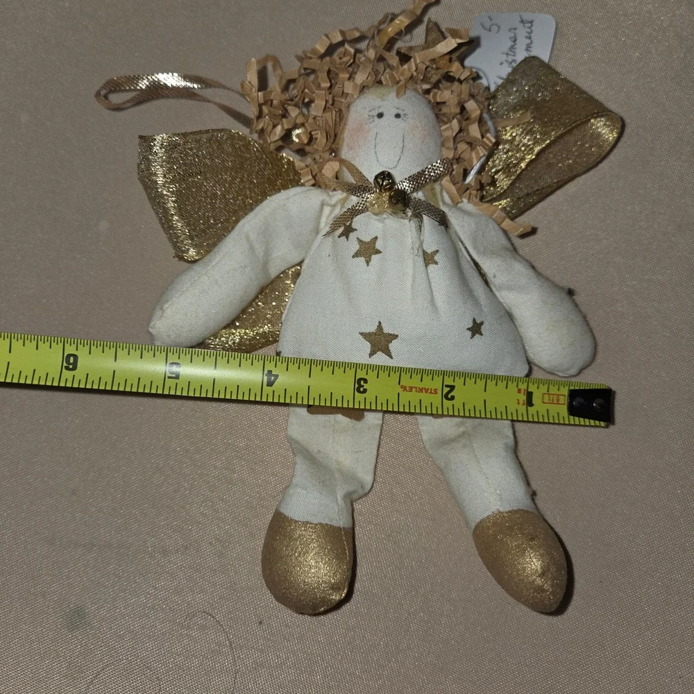 Angel Christmas Ornament Gold Stars Fabric Shelf Sitter‎ Rusic Weightd Bottom